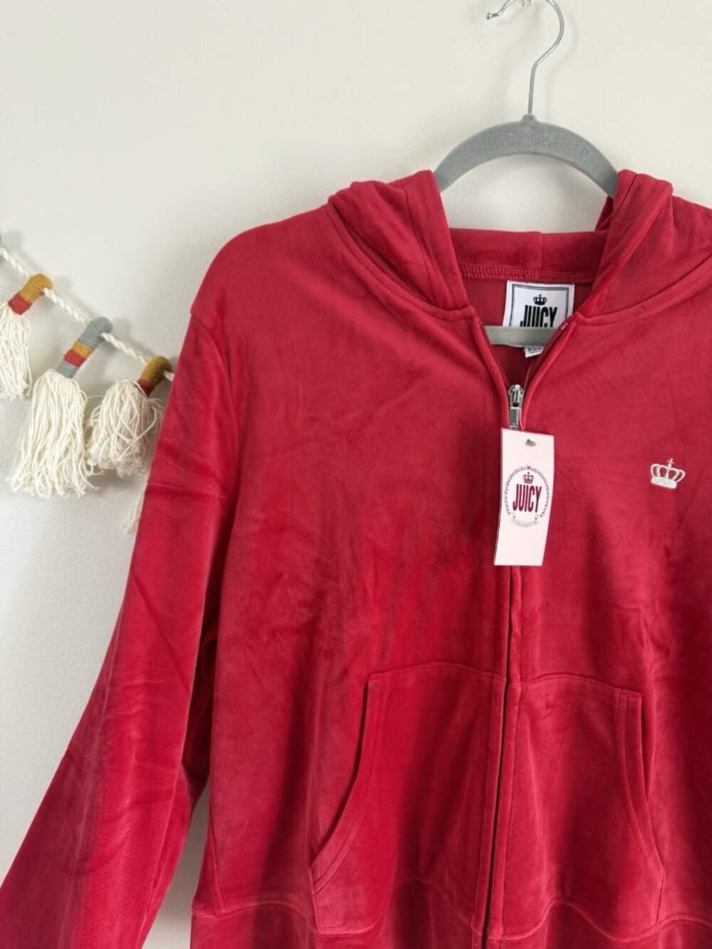 Juicy Couture Velour Hooded Track Jacket RED Full Zip Crown Bling Back NEW XXL - Picture 3 of 10